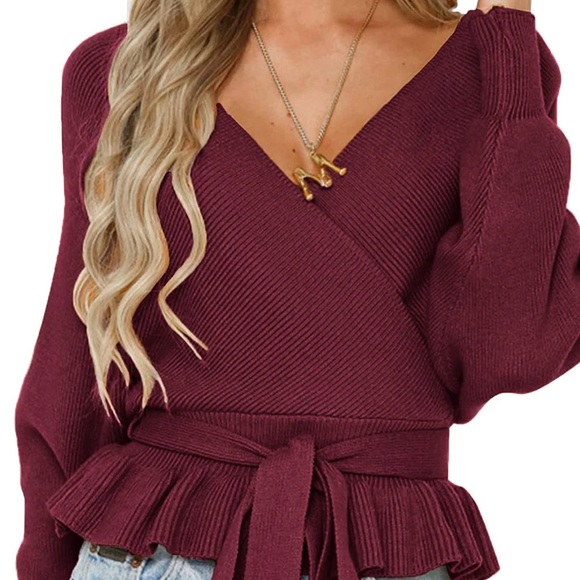 NWT Zesica wrap ruffle belted waist knit sweater pullover - Picture 10 of 11